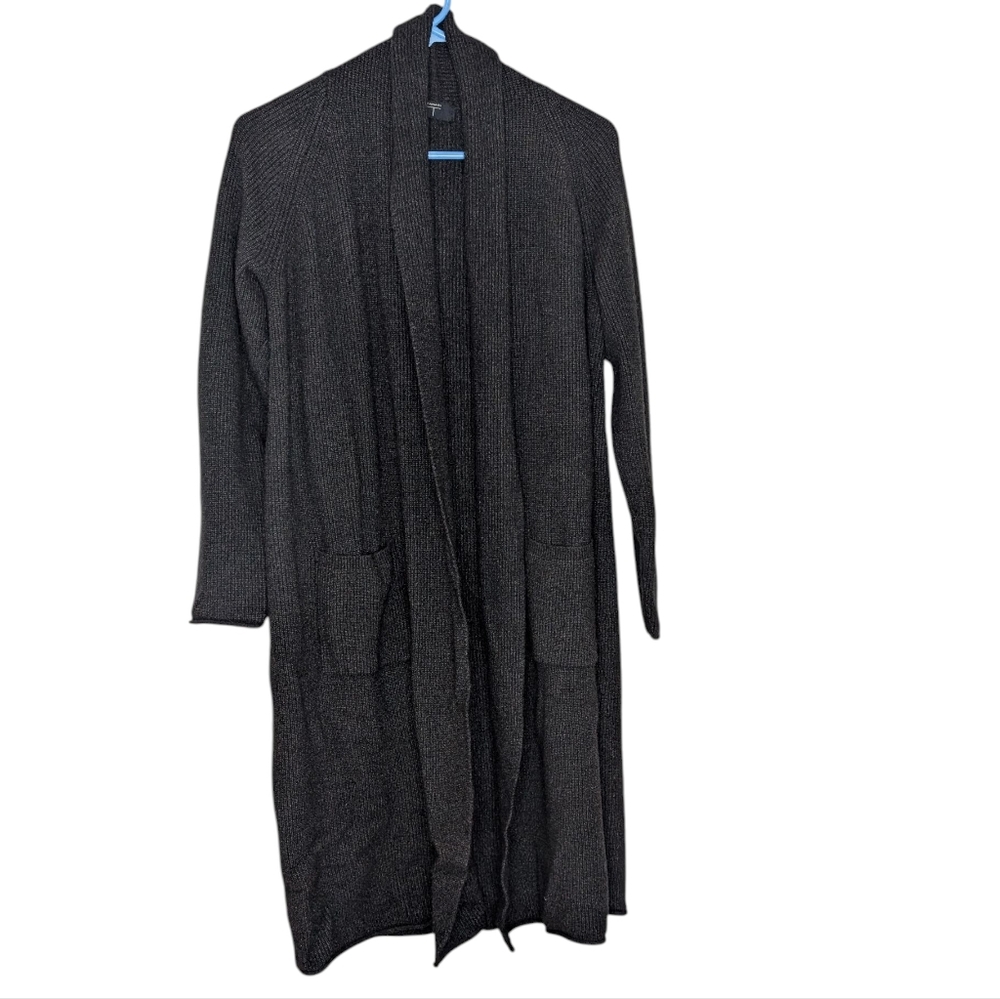 Tahari Women's Size Medium Charcoal Open Front Long Cozy Pockets Cardigan